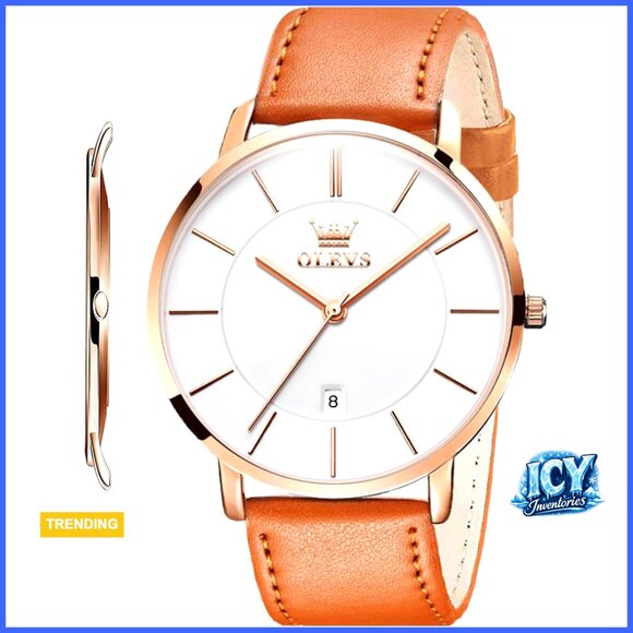 Ultra Thin Minimalist Dress Watch with Genuine Leather Band